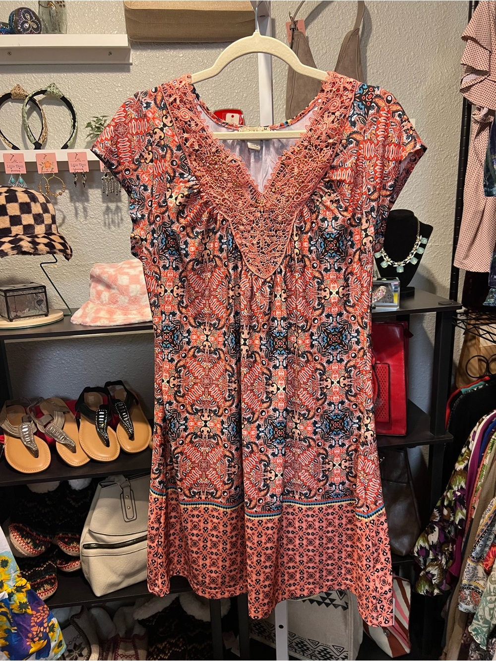 live and let live Coral and Navy Printed Crochet-Trim Midi Dress